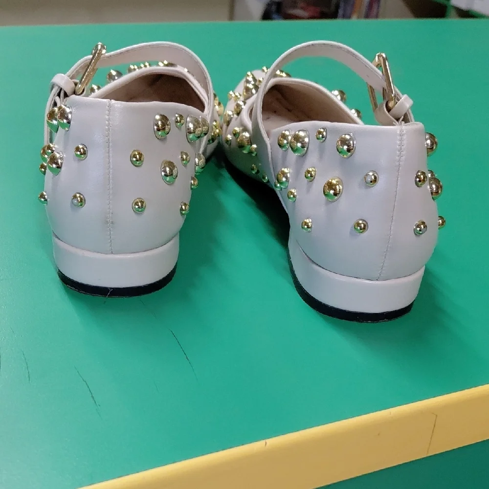 White Mary Jane Flats with Gold Stud Accents - Picture 6 of 7